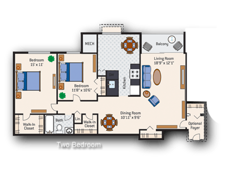 Floor plan for 2 beds, 1 bath, 1050 sqft